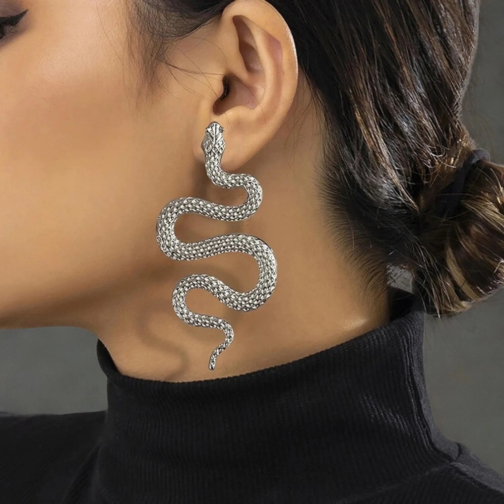 Silver Snake Statement Dangle Drop Earrings Serpent Gothic Chic OS